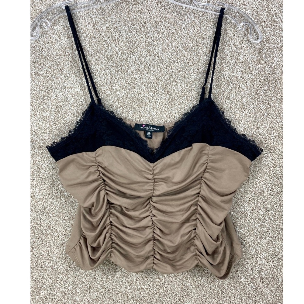 Mixed Threads Ruched Lace Trim Cami Top Women XL Tan Black Pullover Y2K Coquette